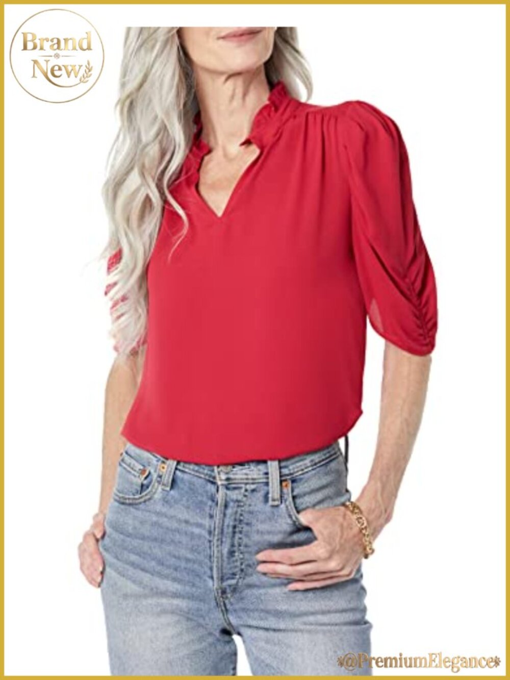 Lightweight Georgette Ruffle Neck V-Neck Half Sleeve Blouse